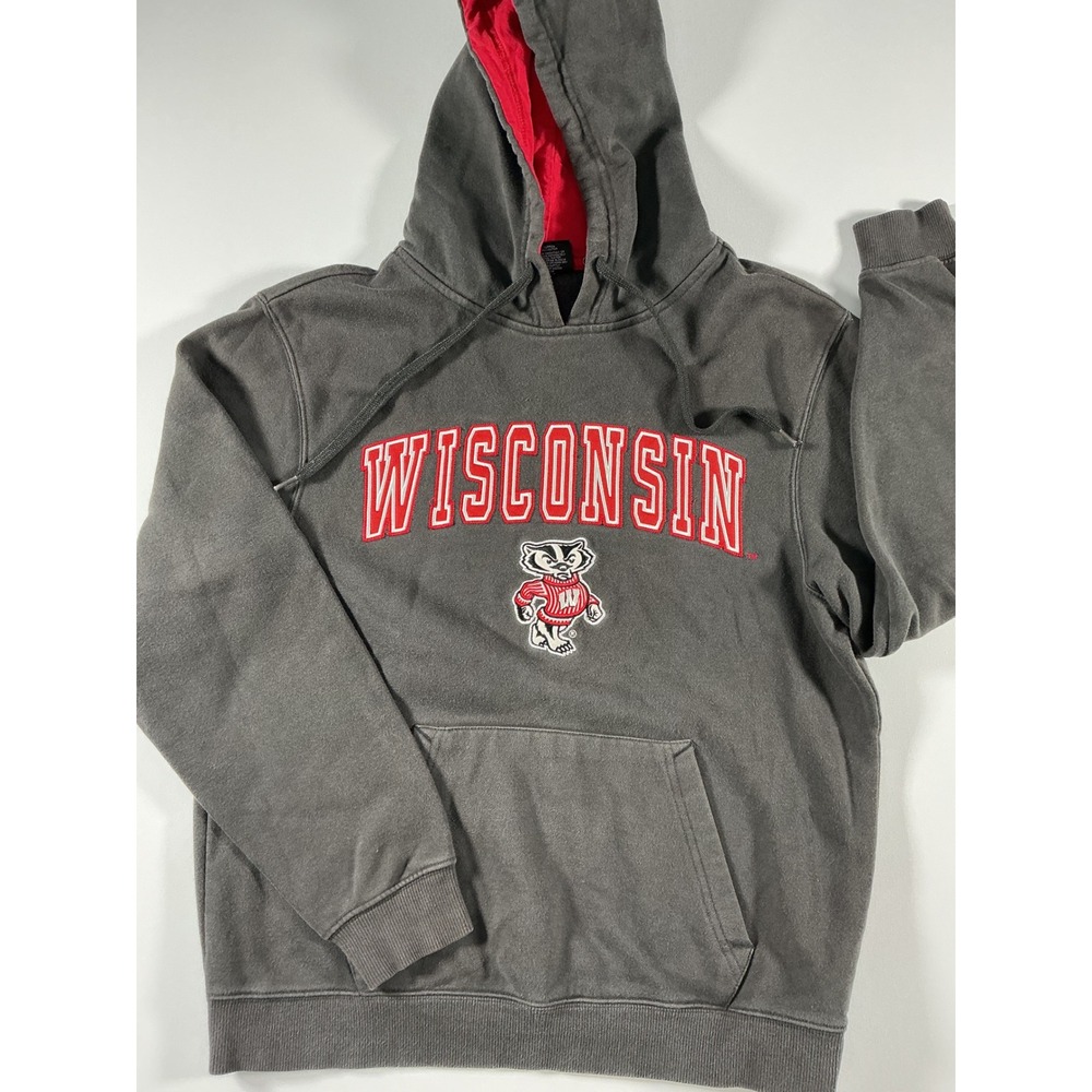 Colosseum Wisconsin Badgers Pullover Hoodie Faded Gray Red Men's Size M